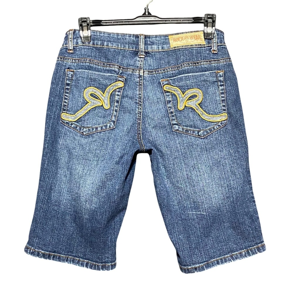 Rocawear Women's Y2K Denim Bermuda Shorts Blue Medium Wash Embroidered Size 9